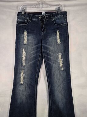 Cache Women's Dark Wash Bootcut Jeans with Rhinestone Distressed Details